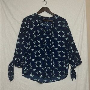 Blue Tie Front Blouse with Cuffed Sleeves and Mandarin Collar